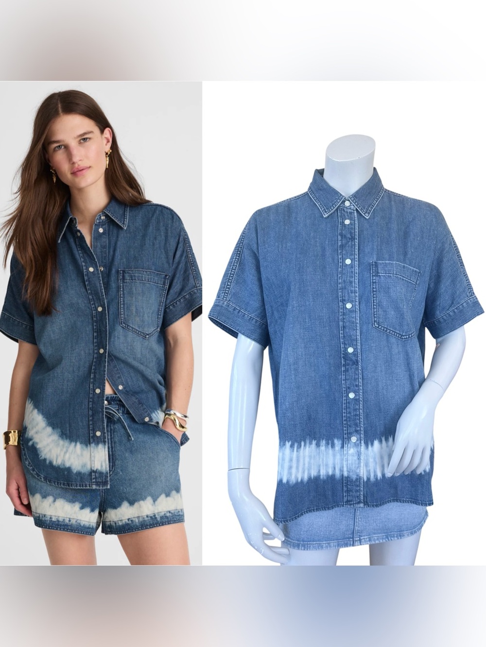 Madewell Shibori Medium Wash 100% Cotton Denim Short Sleeve Button Down Shirt M